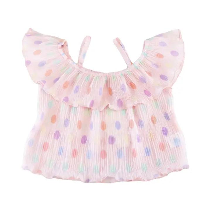 Girls Frill-Sleeve Multicolour Spot Top.